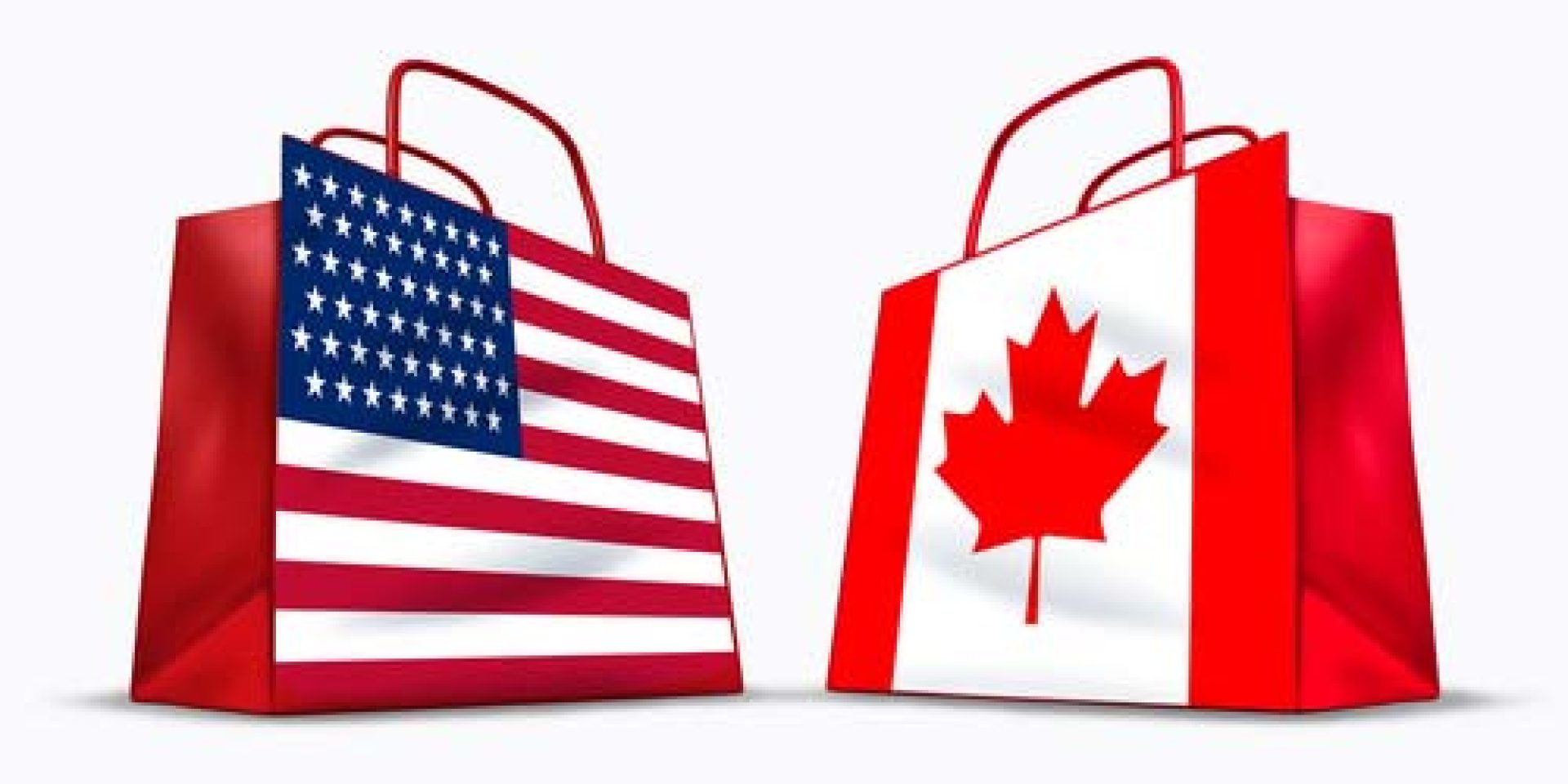 U.S.A. and Canada trade symbol represented by two red shopping bags with the American and Canadian flag with stars and stripes and the maple leaf symbol showing